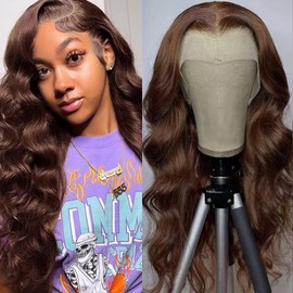 Meuuriay Human Hair Lace Front Wigs for Black Women 4# Chocolate Brown Body Wave Lace Front Wigs Human Hair 180% Density Glueless Wigs Human Hair 14 Inch