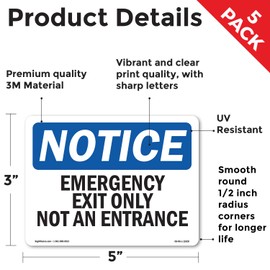 Emergency Exit Only Not An Entrance OSHA Notice Vinyl Decal Label 5 Inch x 3.5 Inch - 5 Pack