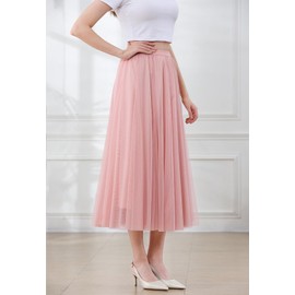 Tulle Skirts for Women, Elastic High Waist A Line Basic Long Tutu Layered Mesh Maxi Swing Skirt Light Pink, Small