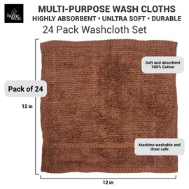 Homewear Zero Twist Wash Cloth Set, 12 x 12 Inch - 100% Cotton - Pack of 24, Premium Quality, Gentle and Soft - Brown