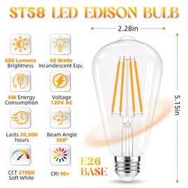 GvvooHome LED Edison Bulbs, E26 Bulb 60 watt Non-Dimmable, Soft White 2700K, ST58 Vintage Light Bulbs, 90+ CRI, 6W 600LM, E26 Medium Base, Clear Glass, 6 Pack