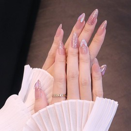 24PCS Sweet Girls Nail Tips Nude Pink Flash Rhinestone Fake Nails for Take Pictures, Wedding, Coming of Things, Parties, After-party False Nails