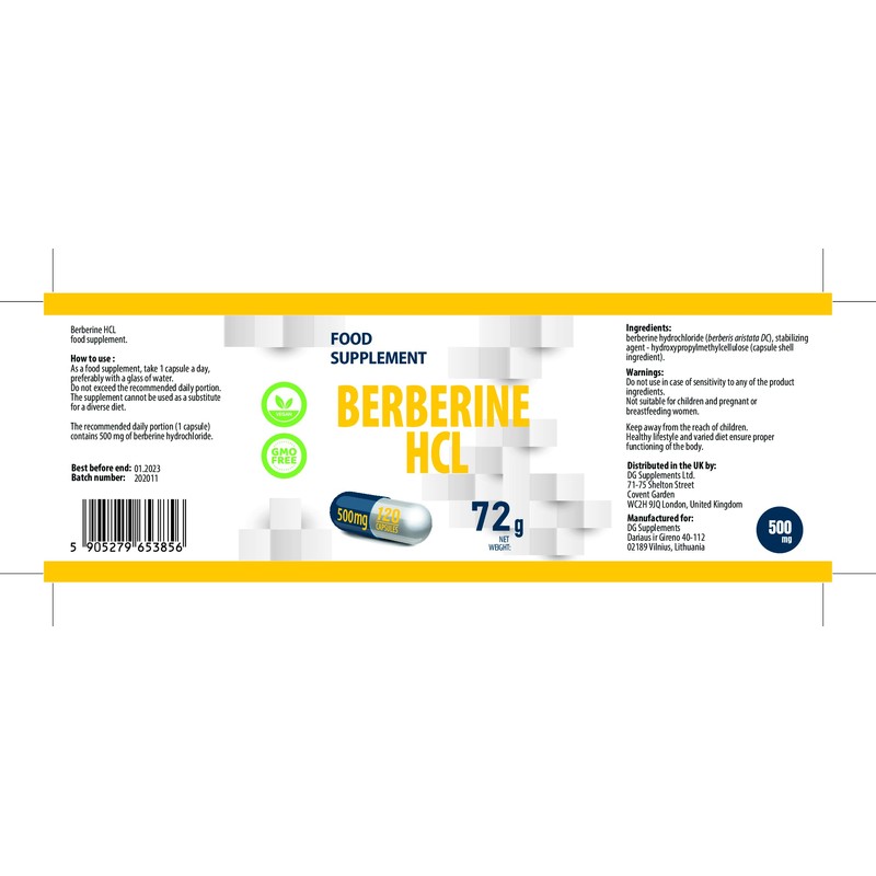 Berberine HCL 500 mg 120 Vegan Capsules, Laboratory Tested, High