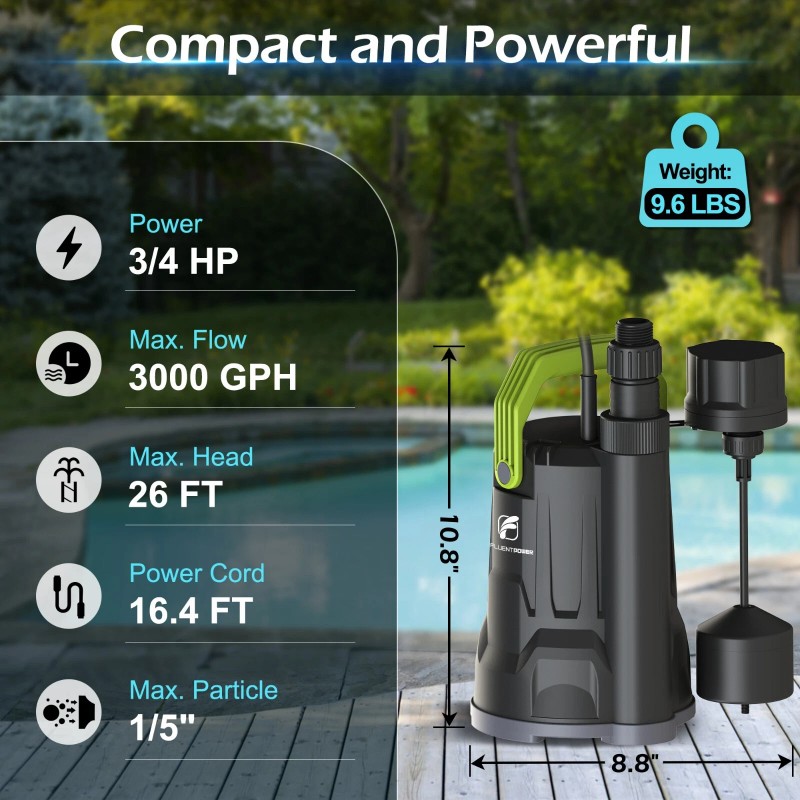 FLUENTPOWER 3/4HP 30000GPH Submersible Sump Pump with Vertical Float Switch