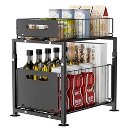 Dreamhigh Kitchen Cabinet Organiser, Extendable, Base Cabinet Organiser with Double Layer Telescopic Drawer, Base Cabinet Organiser, Kitchen Extendable, Height Adjustable, for Sink and Bathroom (Black)