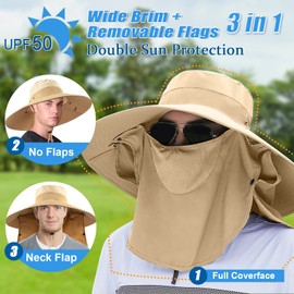 Sombrero de pesca de ala súper ancha UPF 50+ sombrero de safari con solapa extraíble para el cuello, Caqui, 6