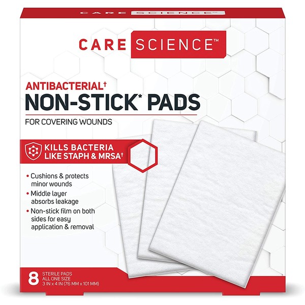 Care Science Antibacterial Non Adherent Pads, 3 in x 4 in, 8 ct | Non Stick Pads for Covering Wounds, Kills Staph & MRSA, Helps Prevent Infection
