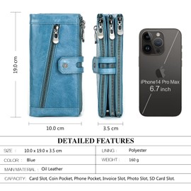 Contacts RFID Mens/Womens Zipper Wallet,Large Capacity Card Coin Holder Phone Holder Multifunction Clutch,4 Zip Purse Genuine Leather (Blue)