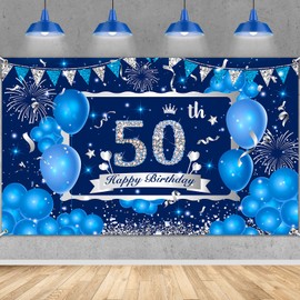 Blue 50th Birthday Decoration Banner for Men Women, Navy Blue Silver Happy 50th Birthday Banner Background, Large Blue 50th Birthday Banner for 50th Birthday Anniversary Party Decoration
