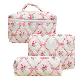 Makeup Bag Travel Large Quilted Toiletry Bag 3 Pack Portable Floral Cosmetic Organizer Pouch with Small Brush Zipper Storage Case Waterproof for Women,Pink Butterflies