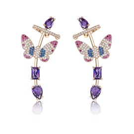925 Sterling Silver Post Ear Cuff Earrings for Women Butterfly Cartilage Ear Climber Earrings Gold Purple Cubic Zirconia CZ Hypoallergenic Piercing Gifts for Her, Copper, Crystal