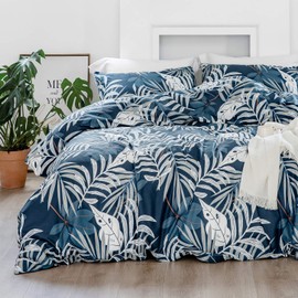 YuHeGuoJi Tropical Duvet Cover King 100% Cotton Blue Botanical Duvet Cover Soft 3 Pcs Set 1 Palm Leaves Plant Print Duvet Cover with Zipper 2 Pillowcases Botanical Bedding Breathable Comfortable