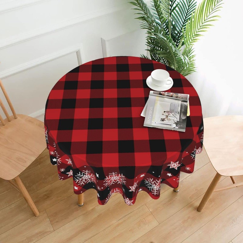 GOPIJDX Christmas Round Tablecloth 60 Inch, Red Black Buffalo Plaid