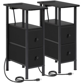 LOAKEKEL Narrow End Tables Living Room Set of 2 with Charging Station, Skinny Side Table with Fabric Drawers, Slim Nightstand for Bedroom, Small Spaces, Couch, Black, HETNDP02BK