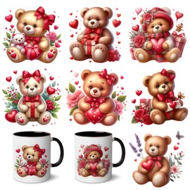 7pcs Loveable Bear Heart Flower UV DTF Cup Wraps Transfer Waterproof Sticker for Glass Cups Furniture Craft DIY Crafts，Rub on Transfer Stickers for DIY Water Bottle Laptop Decal Wood Car