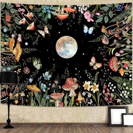 AMM Moon Garden Tapestry Moonlit Green Plant Botanical Mushroom Flowers Tapestry Wall Hanging Black Nature Floral Butterfly Aesthetic Tapestries for Bedroom Dorm Living Room (90'' × 68'')