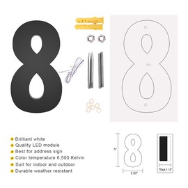 LUXYARD Backlit LED House Numbers 5", Stainless Steel Hand-Polished for House Address Signs, Modern House Numbers 5 Inch,Low-Voltage, Waterproof Corrosion Resistant (5 Inch Black 8)