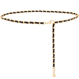 WHIPPY Metal Chain Waist Belt for Women Adjustable Leather Link Chain Belts for Dresses Jeans, Gold Black, S