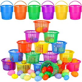 Karenhi 30 Pieces Plastic Easter Basket Bulk for Kids Colorful Egg Basket with Handle for Easter Egg Hunts Party Supplies