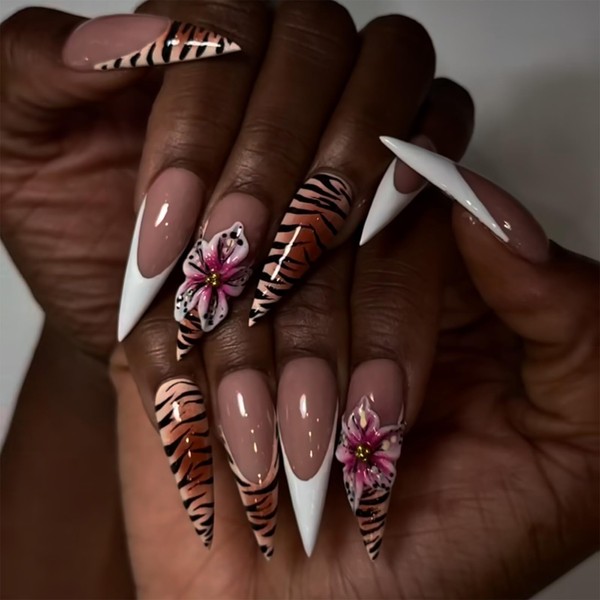 SINHOT Stiletto Press on Nails Long Fake Nails Glossy Glue