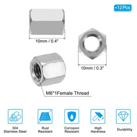 PATIKIL M6 x 1-Pitch 304 Stainless Steel Hex Coupling Nuts, 12Pcs 10mm/ 0.4" Length Coarse Fully Threaded Rod Coupling Nut Studding Connector Fasteners, Silver Tone