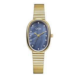 Gosasa Beimu Women's Oval Watch, Compact and high-end, Light Luxury Alloy, Bamboo Strap, Waterproof Women's Watch (Gold Blue)