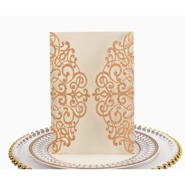 50pcs 250GSM Rose Gold Glitter Wedding Invitations Cards Laser Cut Pocket Invites Covers only, no envelope,no insert 5x7