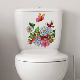 1Pc Flowers and Butterflies Toilet Lid Stickers,Removable Vinyl Botanical Flower Toilet Cover Decal,Waterproof Toilets Seats Cover,DIY Home Decors Stickers for Bedroom,Toilets Lid Decals