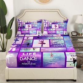 Gymnastic Dance Lovers Fitted Sheet Full Size,Ballet Spin Feminine Bedding Set for Kids Girls Women Home Room Decor,Check Splicing Fashion Bed Cover,Purple Dreamy Bed Sheet,2 Pillowcases
