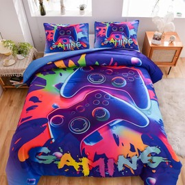Tabeskly Boy Kids Blue Gaming Gamepad Gamer Soft Zipper Bed Bedding Duvet Cover Set Single Colorful Purple 135×200cm