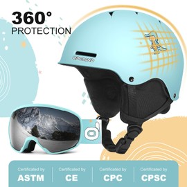 Odoland Kids Ski Helmet, Snow Helmet with Ski Goggles, Shockproof, Windproof, Safety Snow Sports Helmets and Protective Goggles for Boys Girls and Youth, Cyan, XS