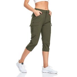 GymBrave Women's Hiking Cargo Pants Quick Dry Outdoor Camping Capris Water Resistant UPF 50 with Zipper Pockets ArmyGreen