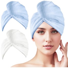 2 Pack Microfiber Hair Towel Wrap,H HOME-MART Super Absorbent Twist Hair Turban Hair Wrap for Women Fast Drying Hair Drying Cap with Buttons,Long & Thick Microfibre Hair Towel (White+Blue)