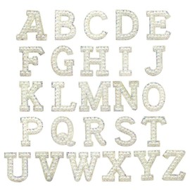 52Pcs Pearls Iron on Letter Patches A-Z, Embroidered Pearls Rhinestone English Letters, Iron Adhesive or Sew On Appliques for Clothing Jeans Caps