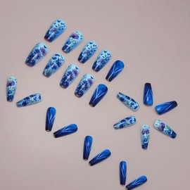 GRITOSE Blue Coffin & Square Acrylic Press-On Nails, 24pcs Set with Floral Butterfly Designs, Glossy Finish, Full Cover, False Nails for Women, Nail Art Decor