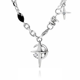 Men's Necklace, Titanium Steel, Alloy, Glass, 4-pointed Star, Silver, Black, Accessories, Gift, Boyfriend, Father's Day, Birthday, Wedding Day, Popular, Anniversary, Unisex, Stainless Steel