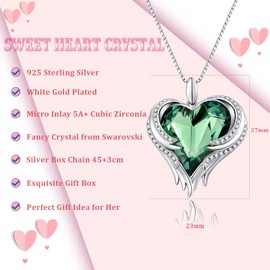 Love Heart Necklaces, Love Heart Angel Wings Pendant Necklace for Women Silver Crystal Necklace Women Silver Tone Crystal Birthstone Necklace CZ Diamond Necklace Green Crystal Pendant Necklace Mother
