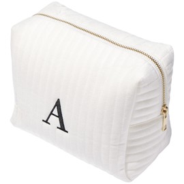 Personalization Universe Initial Embroidered Large Velvet Makeup Bag - Ivory