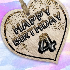 Fun 4th Birthday Gift For Boys Girls Wooden Heart Plaques - Foil Age - 4 - Light Wood Sign Keepsake, Happy Birthday Plaque for Son Daughter Brother Sister Grandson Granddaughter Niece Nephew Cousin