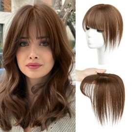 TANJET Hair Toppers for Women 12 Inch Straight with Bangs Silk Base #4/27 Medium Brown Clip in Bangs(4# 12Inch)