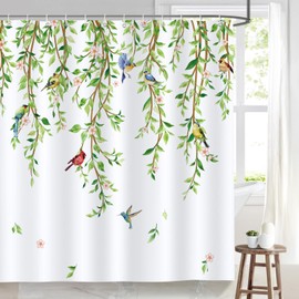 Bonhause Green Leaves Birds Shower Curtain, Spring Hanging Vine Plant with Floral Bathroom Curtain 72x72 Inch Polyester Fabric Waterproof Bath Curtain with 12 Hooks