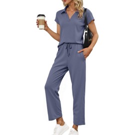 Glamaker Womens 2 Piece Summer Outfit Lounge Set Cap Sleeve Polo Top And Pant Set Tracksuit Travel Matching Outfit 2025(Blue Purple,Large)