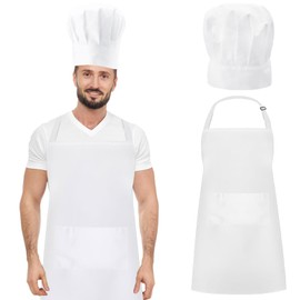 DAWRIS Kitchen White Apron for Women Men, Adjustable Cooking Apron with 2 Pockets Unisex Women Men Bib Chef Aprons and Hat for Home Kitchen, Baking, Gardening, Restaurant, Coffee House BBQ