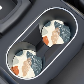 Car Cup Holder Coaster, Car Coasters for Cup holders, 2 Pack Anti Slip Insert Absorbent Ceramic Car Coaster with A Finger Notch & Cork Base, Cute Car Interior Accessories for Women(Abstract Boho Leaf)
