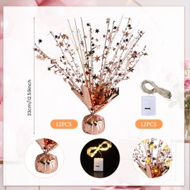 12 Pack Metallic Foil Spray Centerpiece with LED String Lights Star Table Decoration Burst Table Centerpieces for Birthday Graduation Wedding Anniversary Holiday Party Supplies Decor, Rose Gold