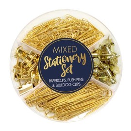 Design Group Mixed Stationery Set - Paperclips, Push Pins & Bulldog Clips - Gold - 1 Set