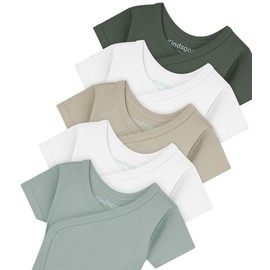 Kindsgard Wrap Bodysuit Short Sleeve "Trunder" - Pack of 5 - 100% Organic Cotton - Oeko-Tex Certified - Soft, Breathable & Skin-Friendly - Baby Bodysuit with Press Studs, 5_green