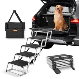 VEVOR Dog Stairs for Car, Wide 5-Step Dog Car Steps, Folding Dog Car Ramp with Nonslip Surface, Portable Pet Steps Lightweight Aluminum for Car, SUV and Truck, Supports up to 150 lbs