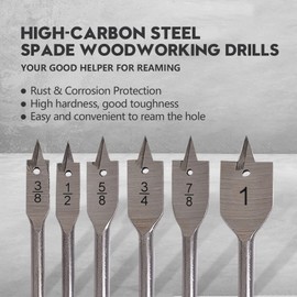 6 Pieces Spade Drill Bit Set with 1/4 Inch Hex Shank - Flat Wood Hole Cutter for Woodworking - Portable Nylon Storage Holder - Sizes 3/8" to 1"