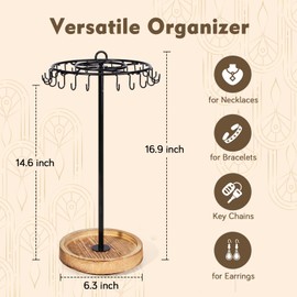 Rotating Necklace Holder, Necklace Display Organizer Stand with 24 Hooks, Spinning Jewelry Necklace Stand, Wooden & Metal, Tall for Vendors Retail Selling, Craft Show, Gift for Women, Vintage Black
